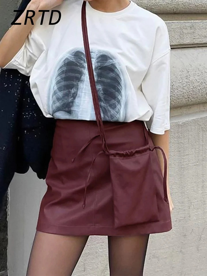 Sexy Burgundy Leather Mini Skirt Women Vintage Slim Zipper A Line Female Short Skirts Autumn Lady All-match Street Clothes 250211