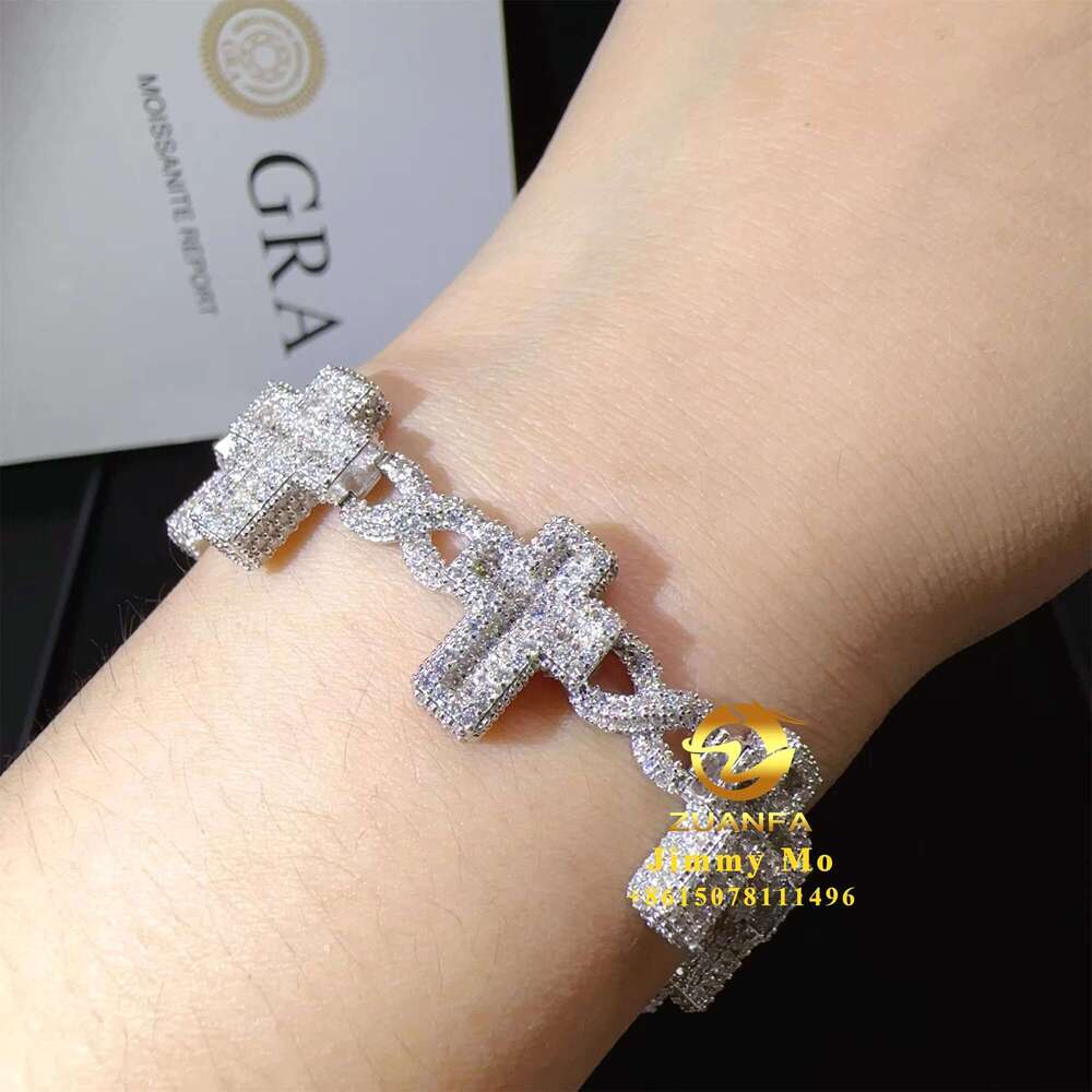 New Design 8Mm -16Mm Wide Pure Sier Chilled Hip-Hop Jewelry Vvs1 Silica Cuban Chain Cross Bracelet For Men