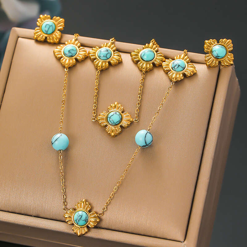 Personalized trend new Chinese style four petal wer inlaid with turquoise accessories three piece necklace earrings bracelet stainless steel set