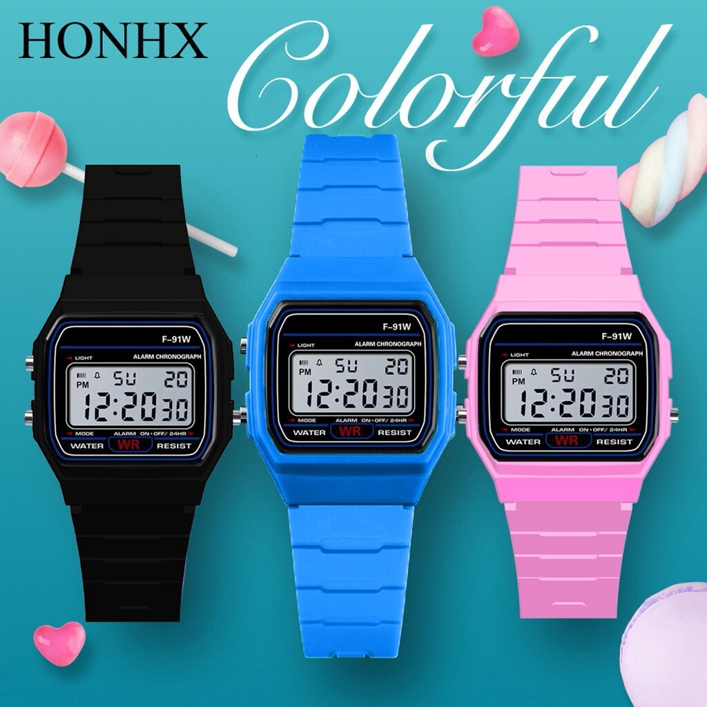 F91W Colorful LED Digital Watch for Men Women Silicone Strap Wristwatches for Couple Sports Square Wrist Band Clock Ladies Gift