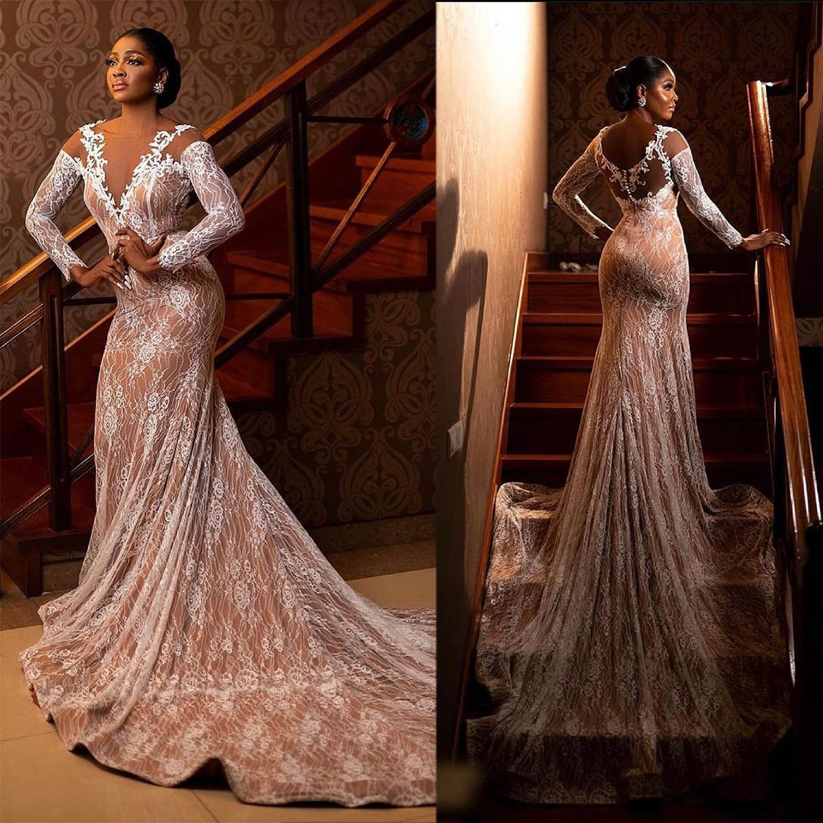 Black Women Nude Wedding Dresses Lace Appliques Mermaid Sheer Neck Long Sleeve Bridal Gowns Illusion Bride Dress Customized