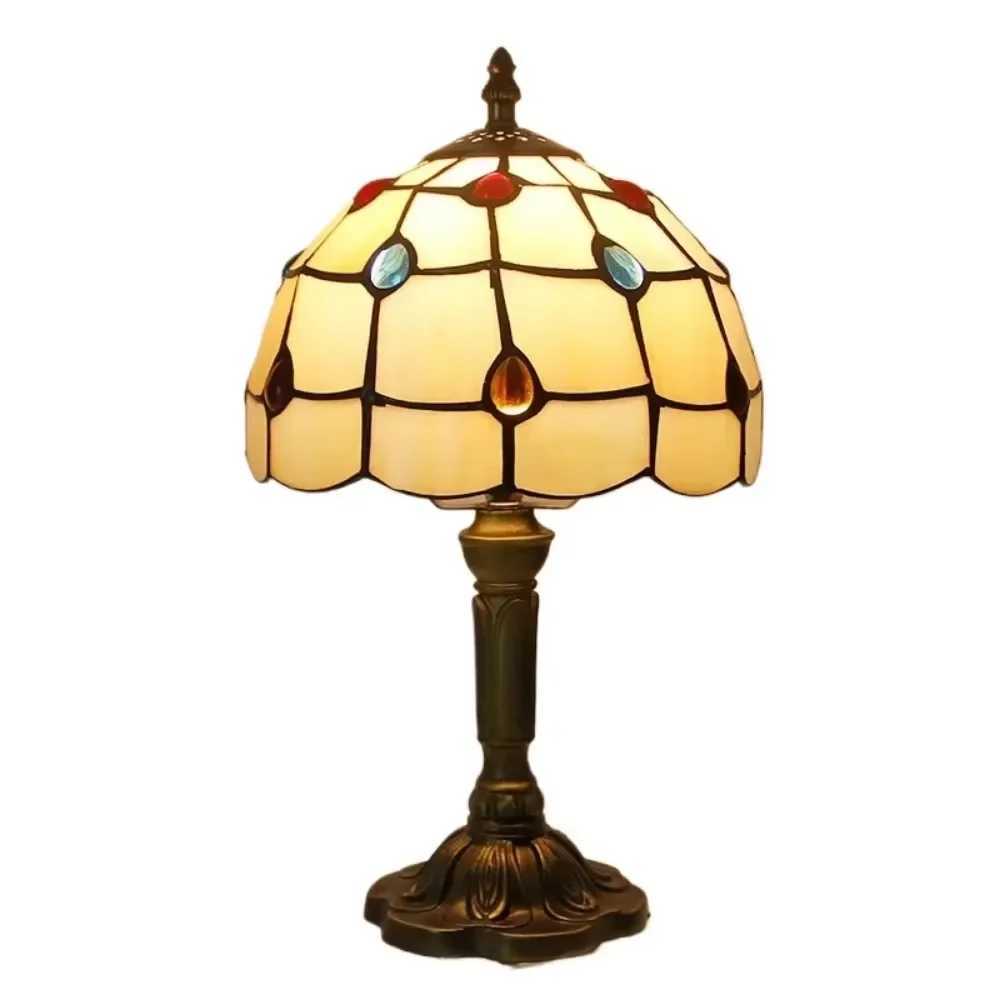 8inch Tiffany Stained Glass Curved Beige Lampshade Table Lamp American Living Room Bedroom Night Light Villa Hotel Desk Lamp Z250211