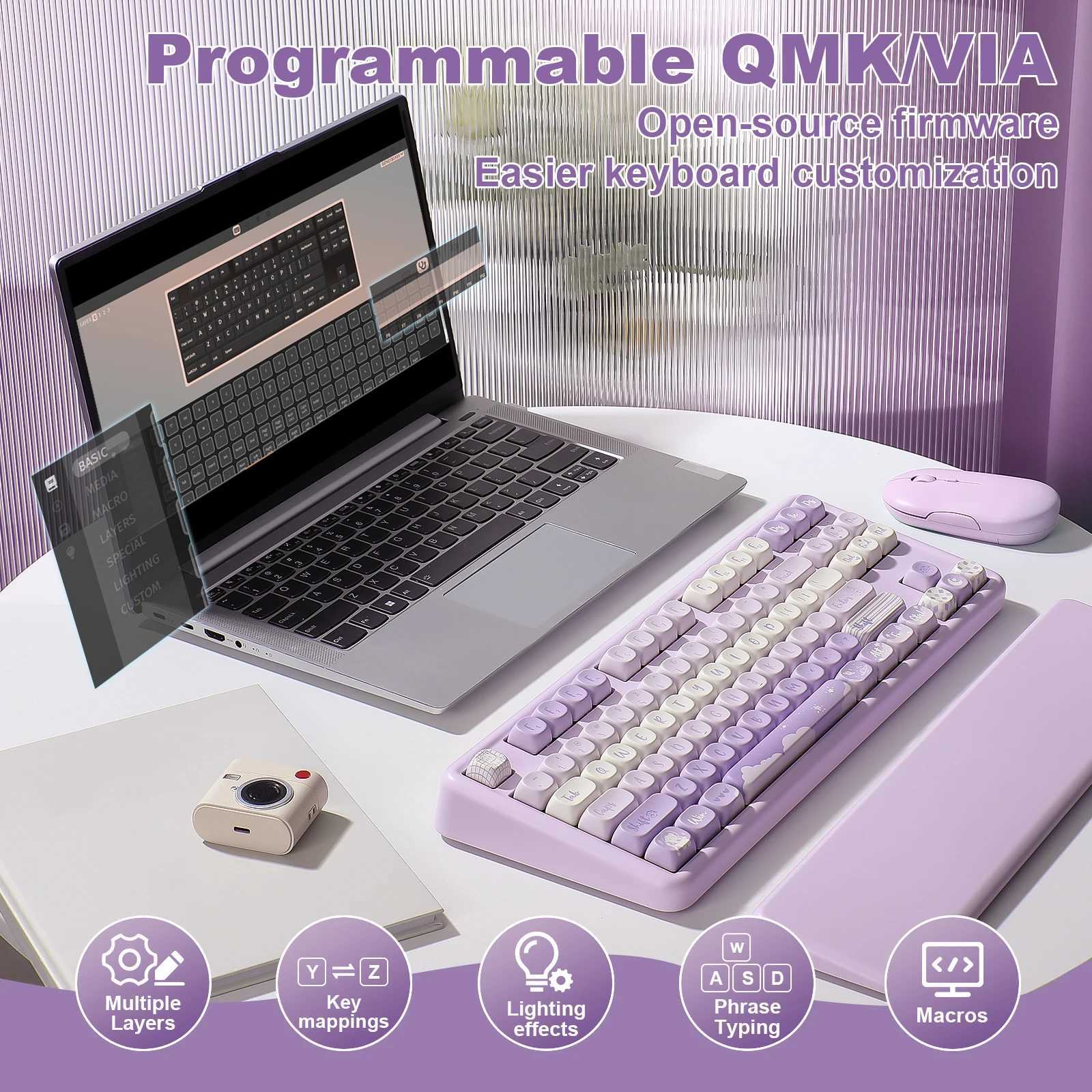 Keyboards YUNZII B87 Purple Mechanical Gaming Keyboard Wireless Custom QMK/VIA Gasket Keyboard with Cute Keycap Wrist Rest for Win/Mac S25210