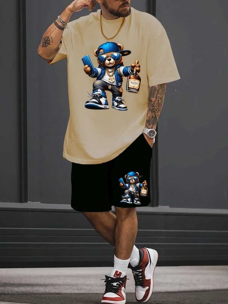 Luxury Teddy Bear Printed Mens T-shirt Set for Summer Casual Daily Mens Short sleeved Top Outdoor Street Mens Shorts W250211