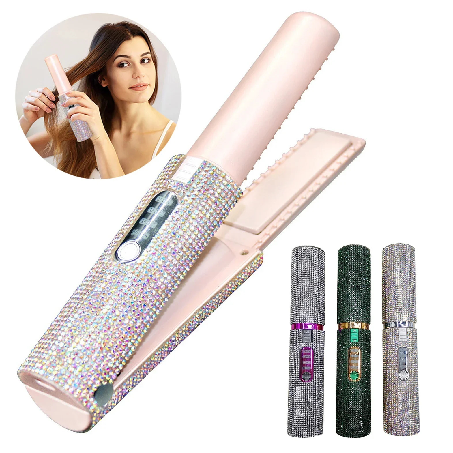 2-IN-1 Electric Hair Straightener Curler Fashion Colored Diamond Cordless Travel Home Hair Straightening Styler Brush 250113