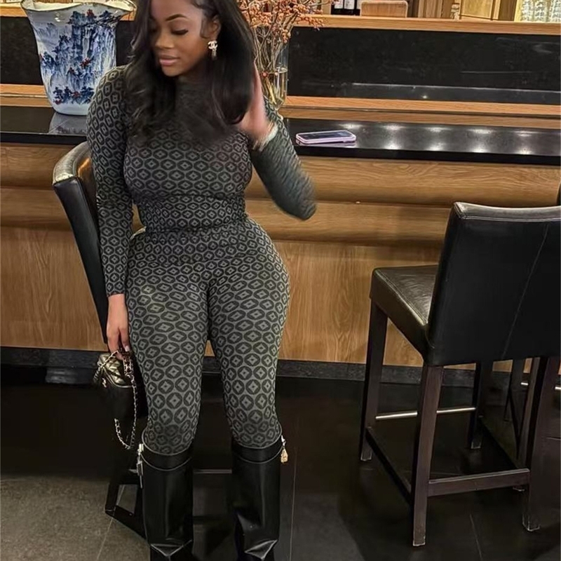Women Tracksuits Two Pieces Set New Fashion Printed Slim Fit Sexy Elastic Long Sleeved Round Neck Top And Pants Set