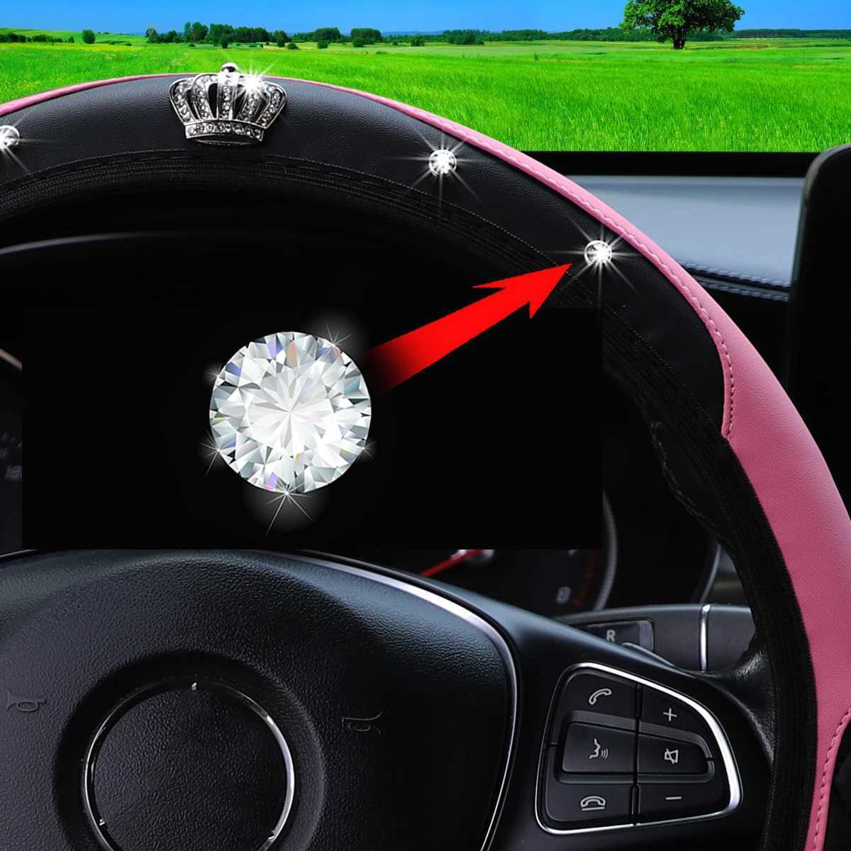 3-piece pu leather embroidered crown diamond car without inner ring steering wheel cover handbrake cover handle cover R250603