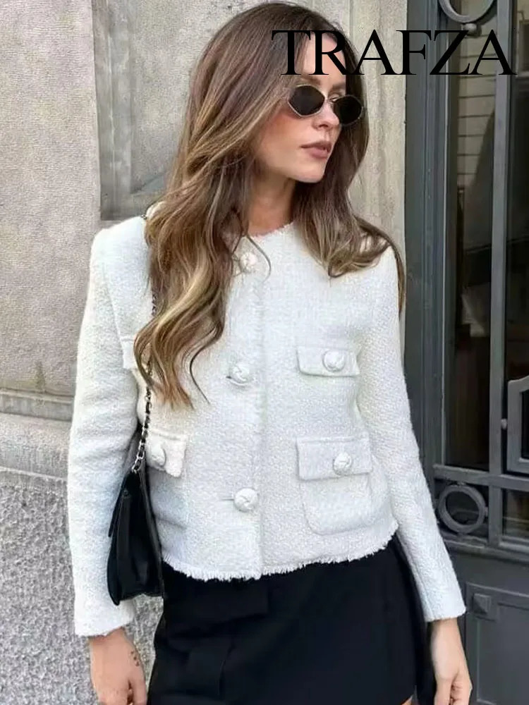 TRAFZA Autumn Women Vintage Fashion Cropped Tweed Jacket Pocket Stand Collar Long Sleeve Coat Elegant Female Chic Streetwear 250210