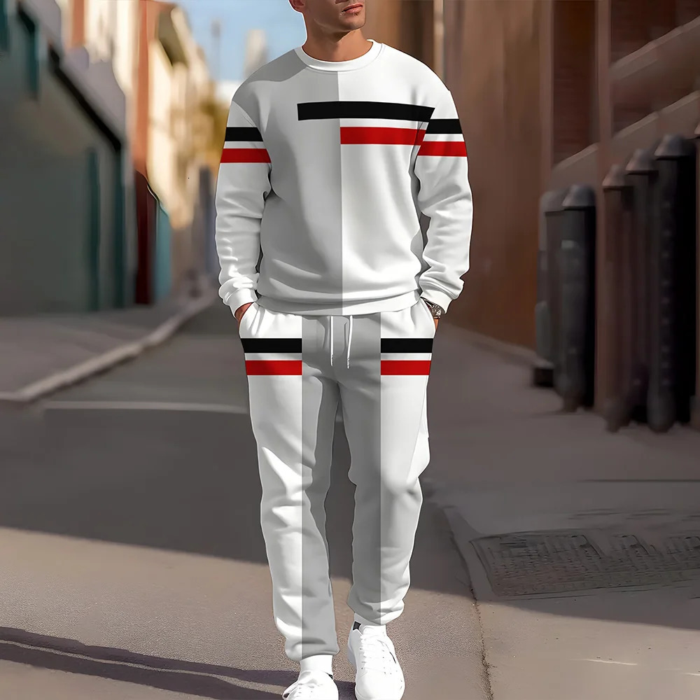 Autumn Mens Long Sleeve Pullover Sweatshirt 2 Piece Outfits Striped Print TShirts Tracksuit Set Drawstring Waist Pant Sweatsuit 250210