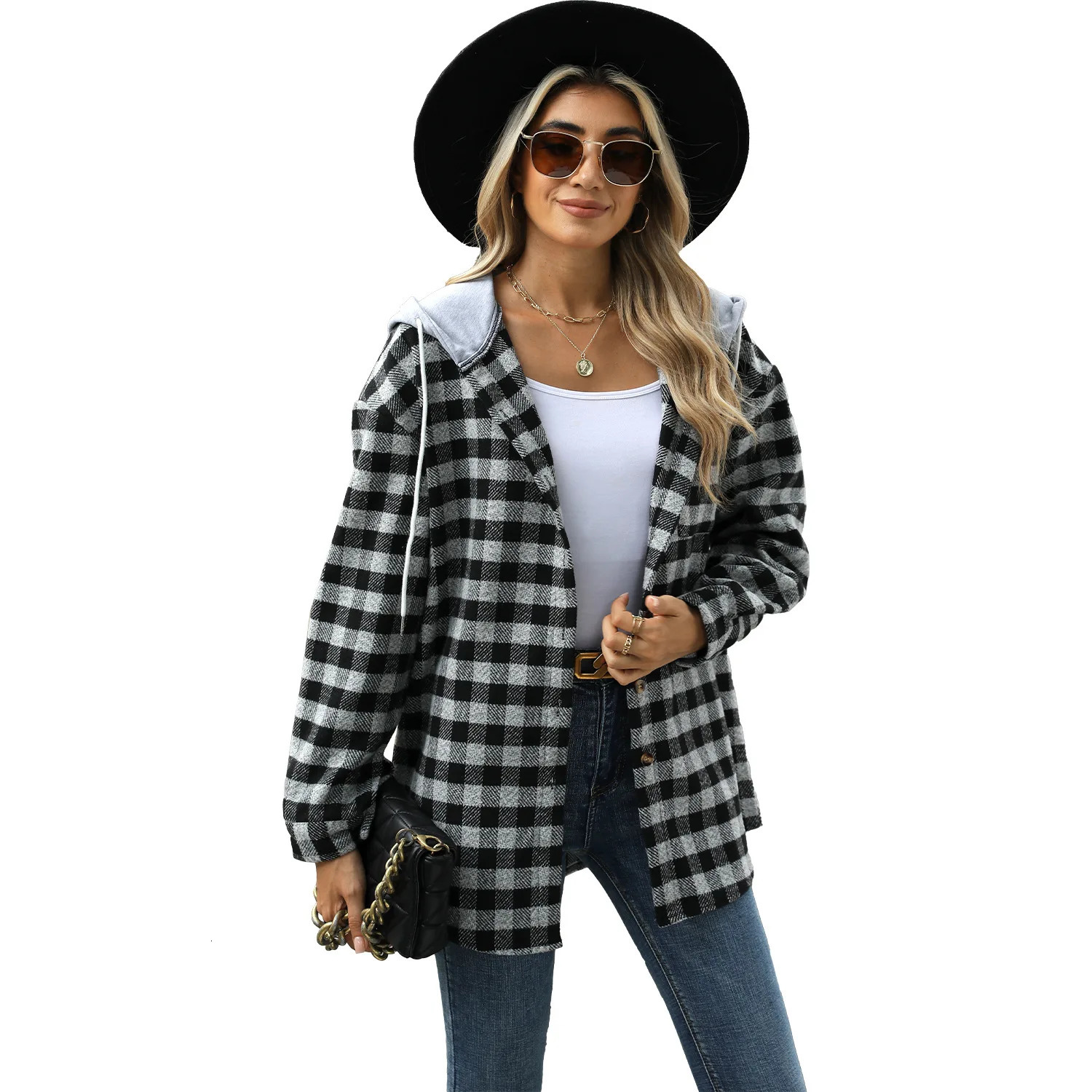 Womens Hooded Checkered Patchwork Top with Single Breasted Woolen Coat 250109Z