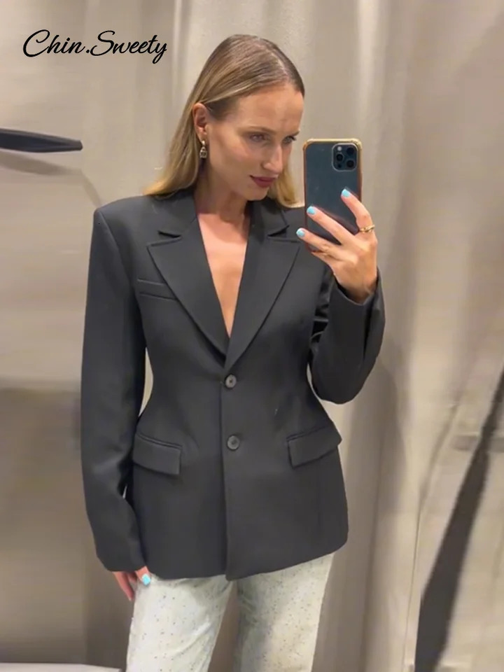 Spring Shoulder Pad Womens Black Blazer Fashion Lapel Flap Pocket Slim Button Suit Jacket Female 2025 Lady Commute Outwear 250210