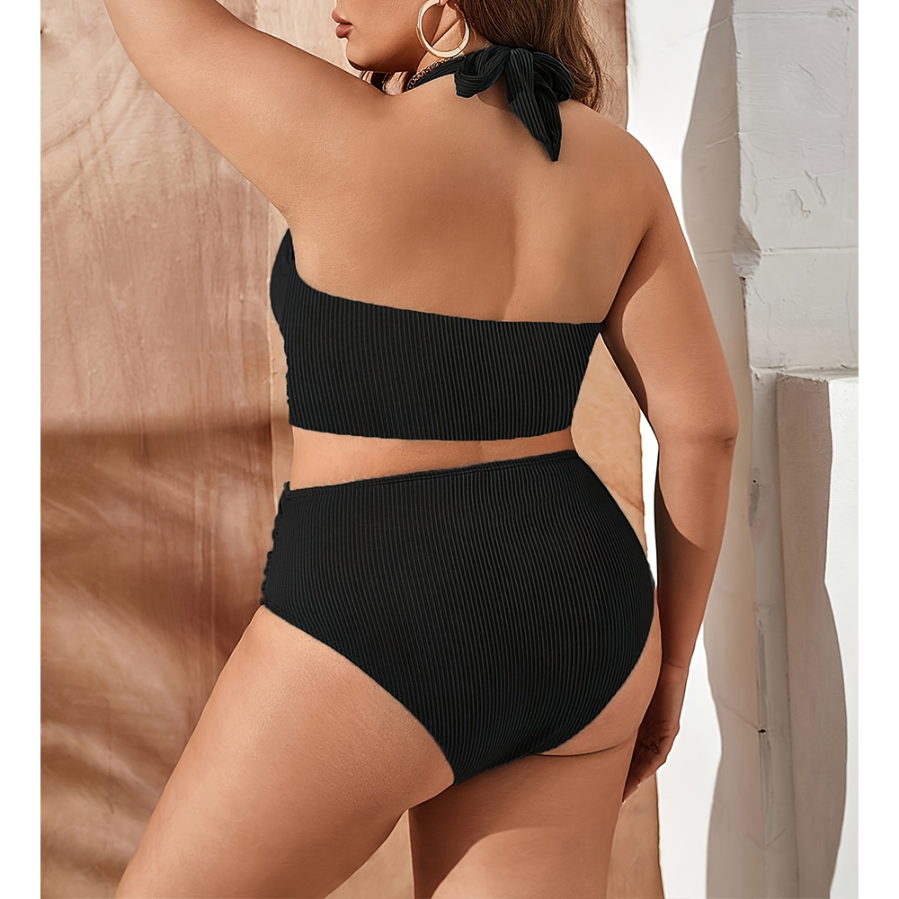 2pcs Chic Plus Size Bikini Women Halter Neck Swimsuit Black Hollow Out Bra with Keyhole Stretchy High Waist Panty Ribbed Swimwear Large Size Bikinis B