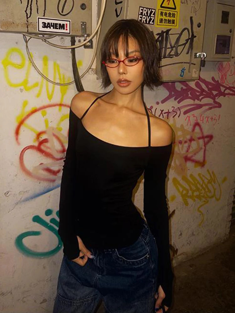 y2k Long Sleeve Black Retro Autumn Slim Tight EGirl Wearing Sleeves Base Clothes roupas 250114