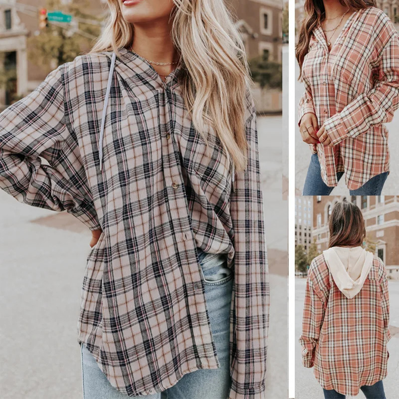 Womens Fashion Hooded Loose Fit Plaid Cardigan Thin Jacket 250109Z