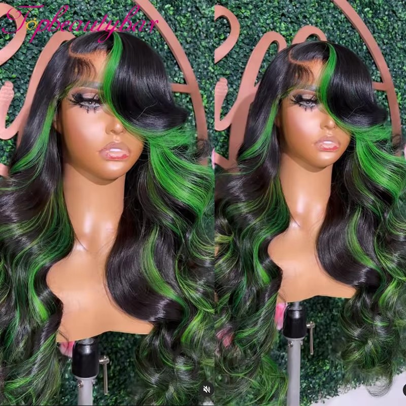Peruvian Green Highlight Wig Human Hair Colored Green 13x4 Lace Front Human Hair Wigs for Women Synthetic Full Lace Front Wigs