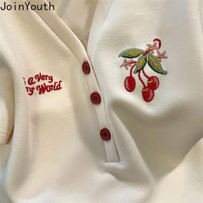 Women's T Shirts Woman V-neck Letter Cherry Embroidery Summer Tees Short Sleeve Bottoms Casual Vintage Tops Chic Oversized Tshirt