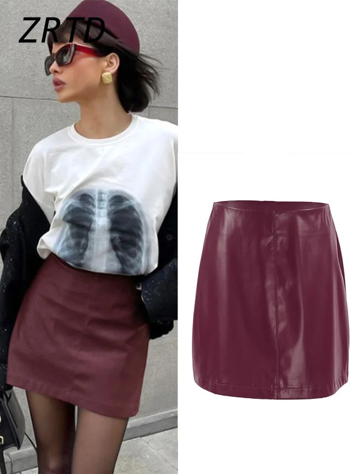 Sexy Burgundy Leather Mini Skirt Women Vintage Slim Zipper A Line Female Short Skirts Autumn Lady All-match Street Clothes 250211