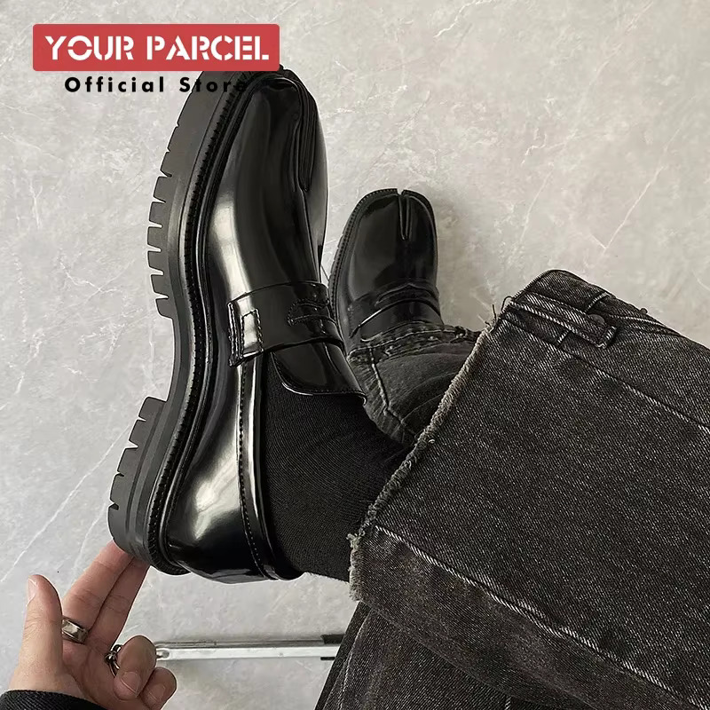 Split Toe Horseshoe For Men's Thick Sole Loafer Tabi Patent Korean Version Trend Casual Leather Shoes