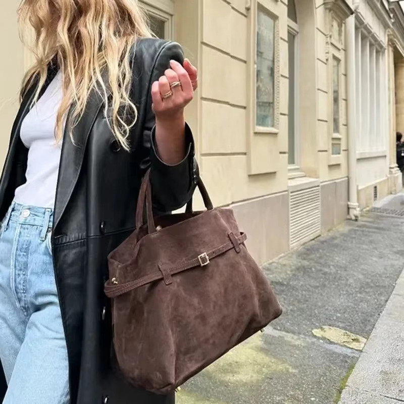 Women Suede Shoulder Tote Large Capacity Winter Handbag Simple Satchel Casual Commute Vintage Shopping Bag