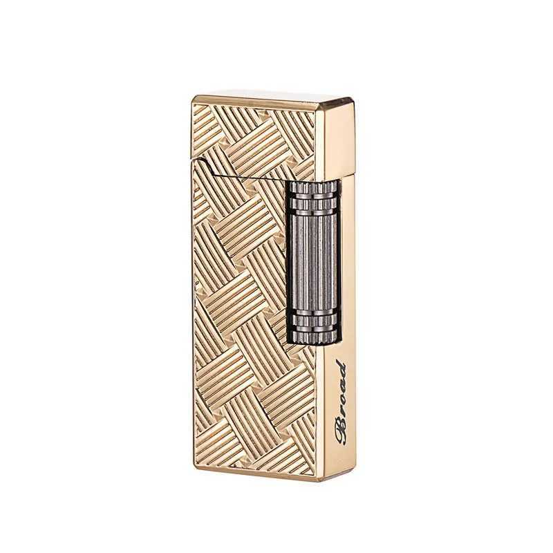 New Grinding Wheel Side Slide Tilt Flame Butane Gas Lighter High Quality Metal Embossed Open Flame Lighter Cigarette Accessories Y250210