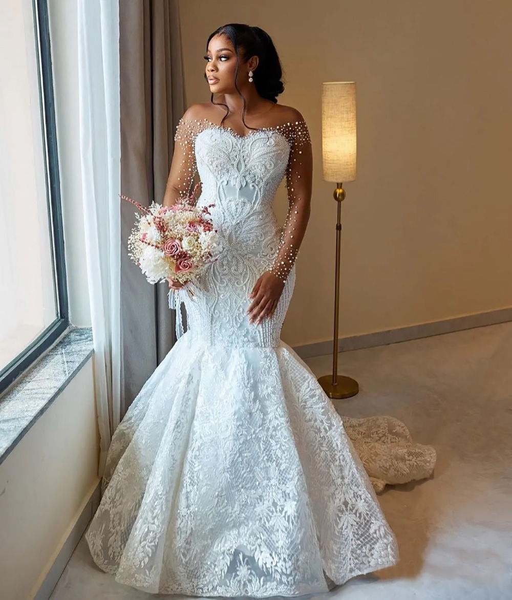 Mermaid Wedding Dress Bridal Gowns For Bride Sheer Neck Illusion Long Sleeves Appliqued Beaded Pearls Lace Wedding Gowns