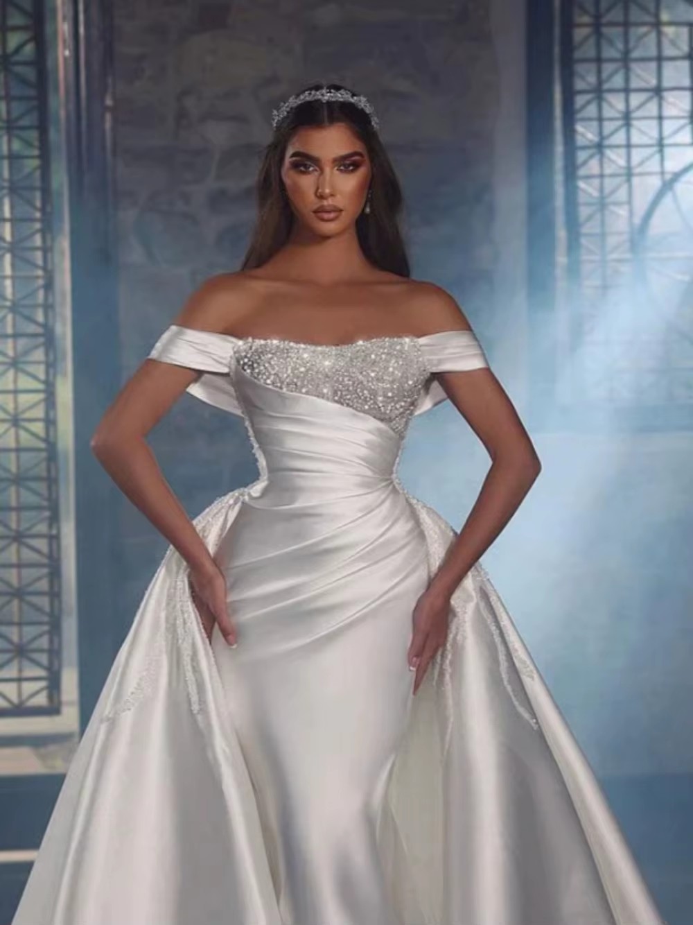 Simple Mermaid Wedding Dress Off Shoulder Sleeveless Bridal Gowns Sequins Pearls Detachable Train Dresses Custom Made vestidos de novia