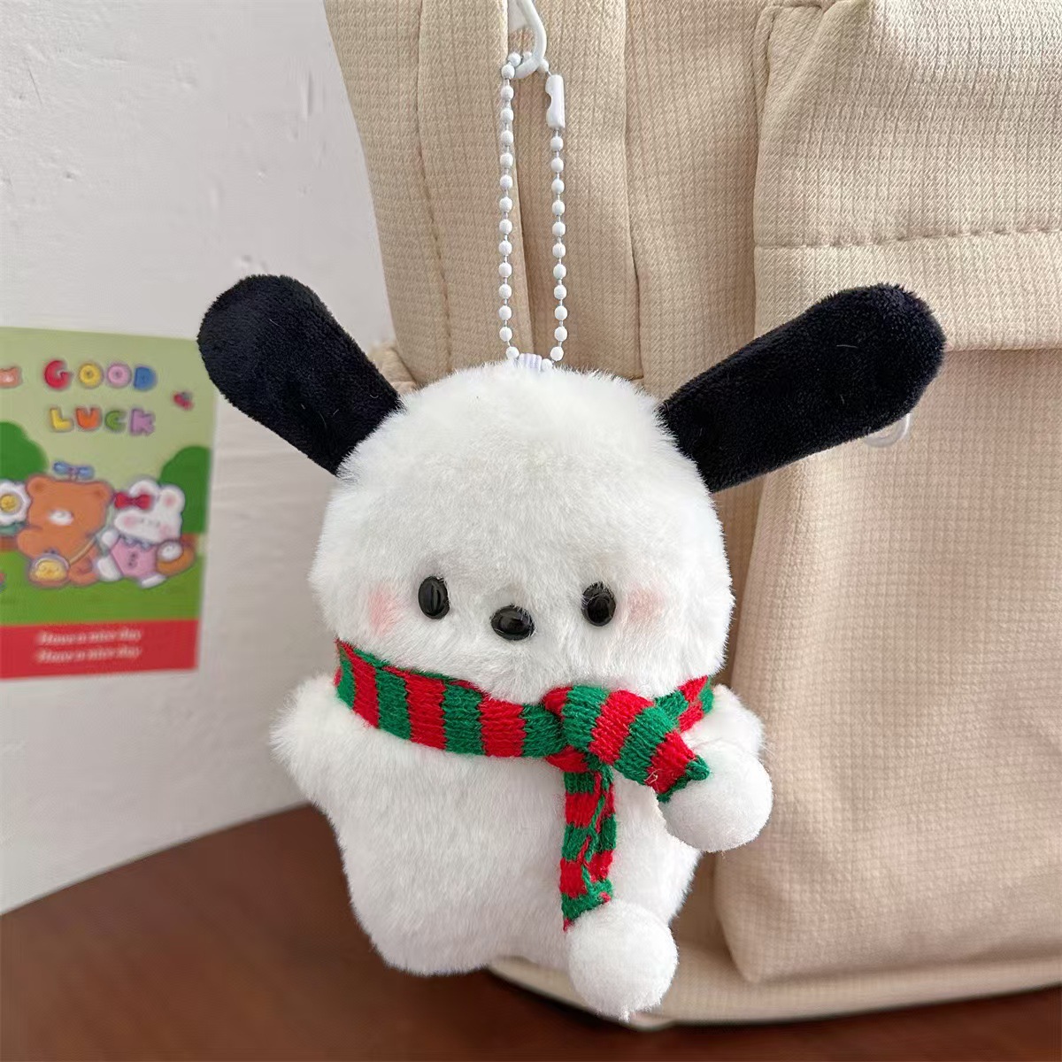 Cute Plush Dog Pouch Hanging Accessory - Pink Cheeky Character for Backpacks & Bags