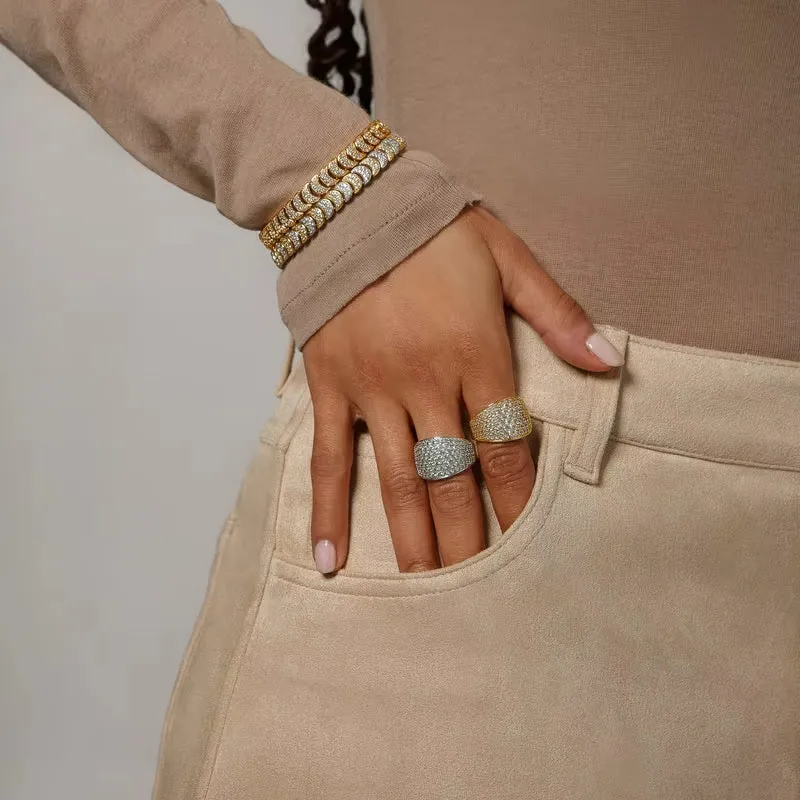 Gold Color Micro Pave 5A Cubic Zirconia Ice Out Finger Ring Prong Setting CZ Bling Women Men Wedding Engagement Jewelry