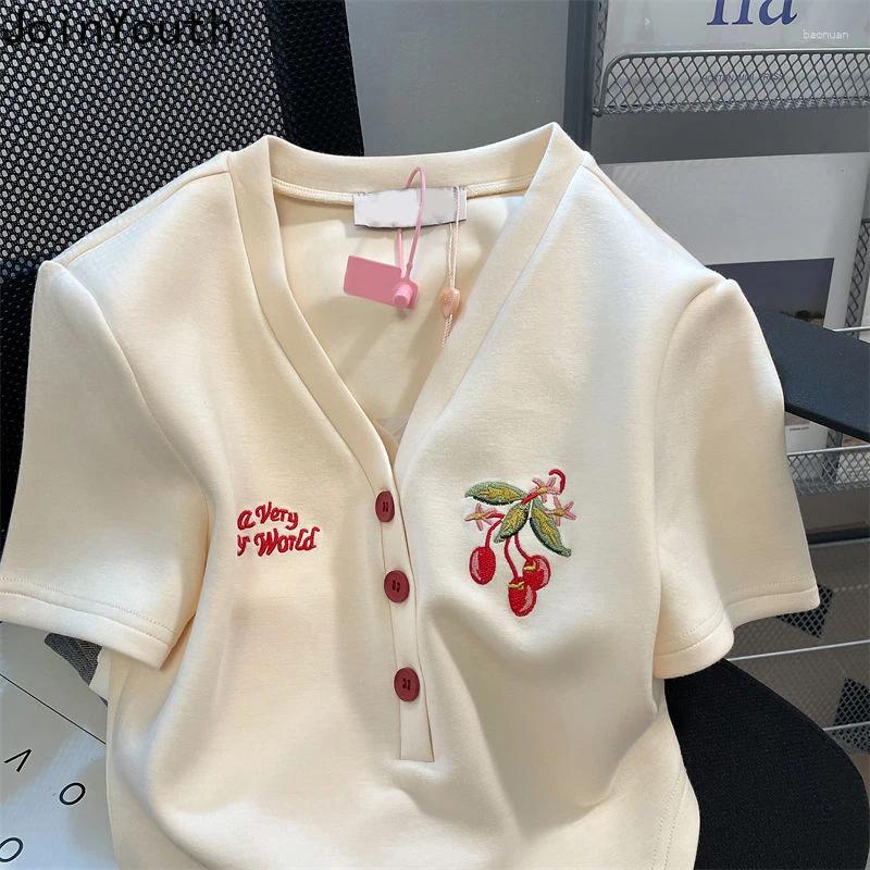 Women's T Shirts Woman V-neck Letter Cherry Embroidery Summer Tees Short Sleeve Bottoms Casual Vintage Tops Chic Oversized Tshirt