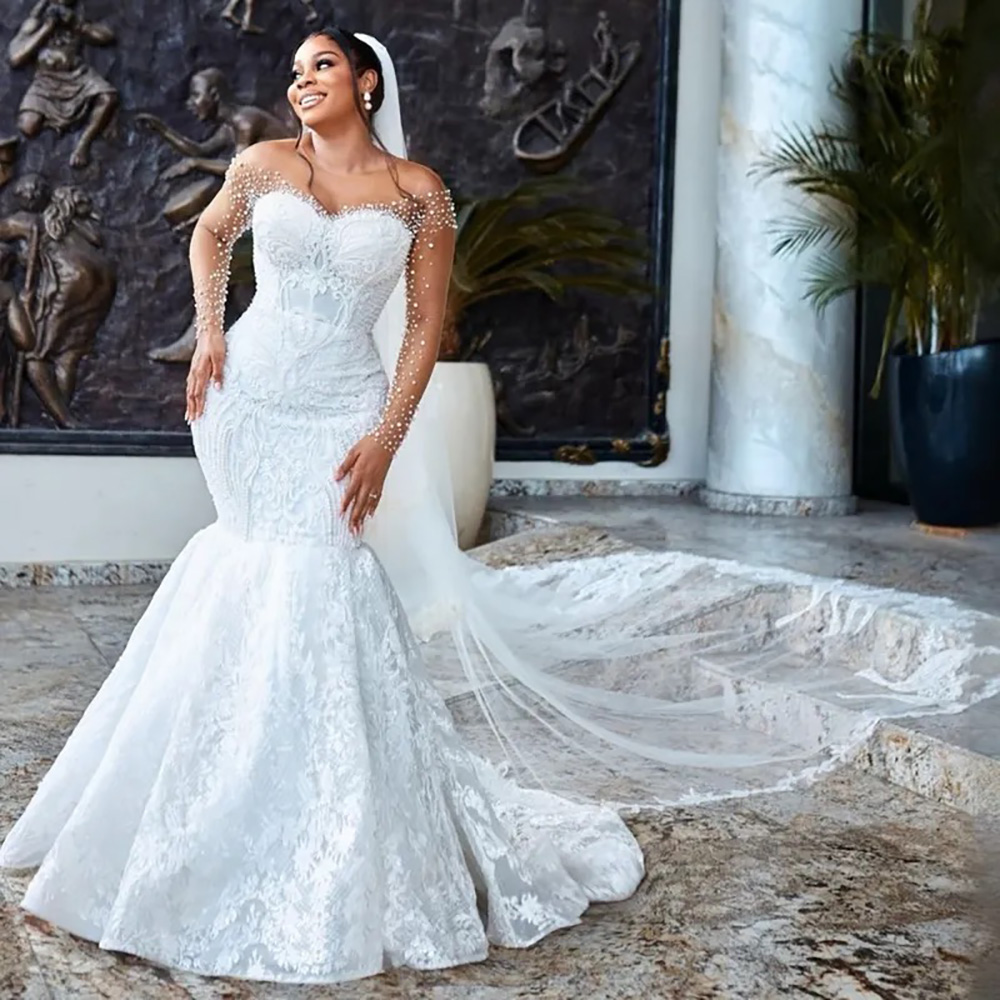Mermaid Wedding Dress Bridal Gowns For Bride Sheer Neck Illusion Long Sleeves Appliqued Beaded Pearls Lace Wedding Gowns