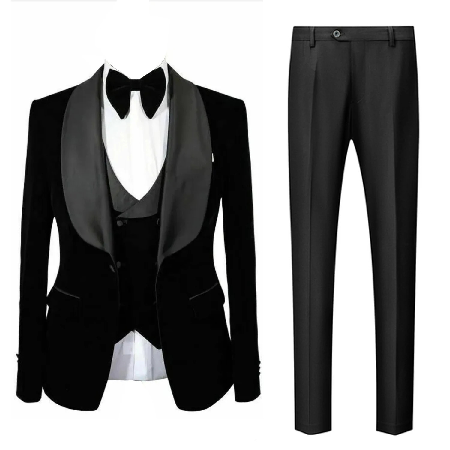 Mens 3 Pieces Suit Black Velvet Jacket Vest Black Pants Shawl Lapel Wedding Prom Dinner Banquet Groom Tuxedos 250210