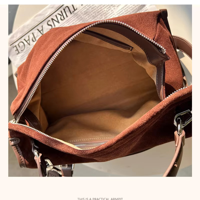 2025 Large Zipper Opening Design Pillow Tote 2 Sizes Coffee Real Nubuck Leather Women's Handbag High-end Winter Shoulder Bag