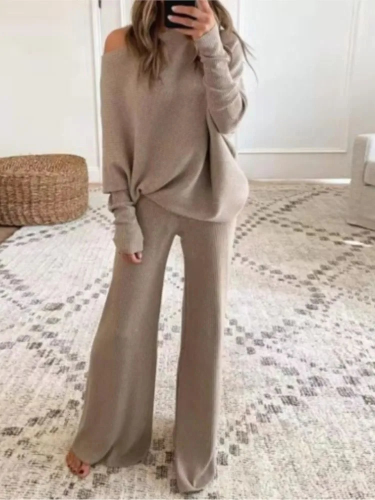 Fashion Long-sleeved Bateau Collar Top Wide-leg Pants 2-piece Set Women Elegant Autumn Solid Color Knitted Loose Suit Female 250206