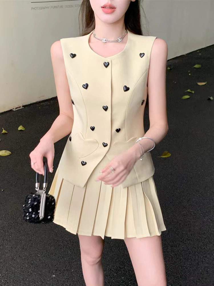 High Quality Korean Elegant Fashion OL 2 Set Women Blazer Vest Top + Pleated Skirt Two Piece Suits Small Fragrance Outfit