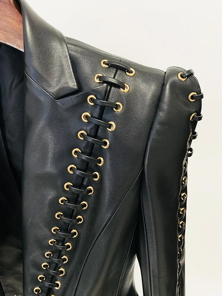 HIGH QUALITY est Fashion er Jacket Womens Rope Lacing Up Slim Fitting Leather Blazer 250208