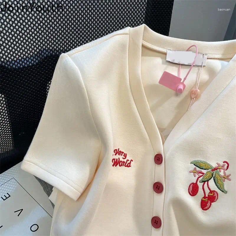 Women's T Shirts Woman V-neck Letter Cherry Embroidery Summer Tees Short Sleeve Bottoms Casual Vintage Tops Chic Oversized Tshirt