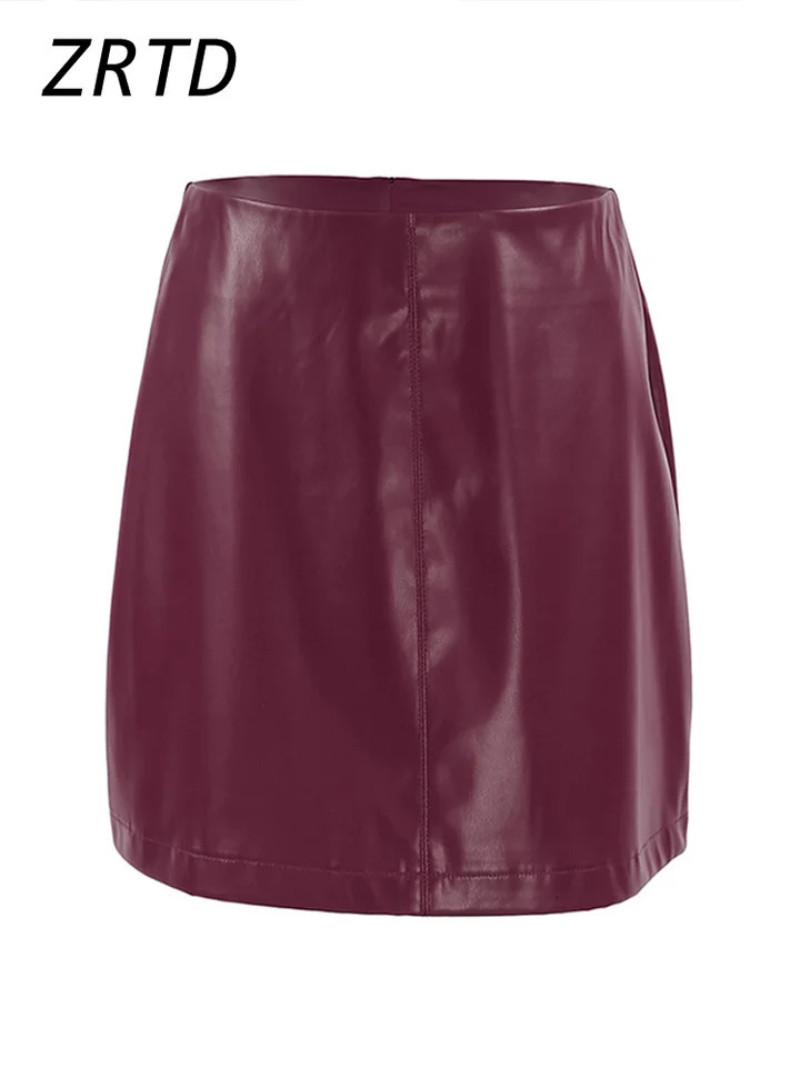 Sexy Burgundy Leather Mini Skirt Women Vintage Slim Zipper A Line Female Short Skirts Autumn Lady All-match Street Clothes 250211