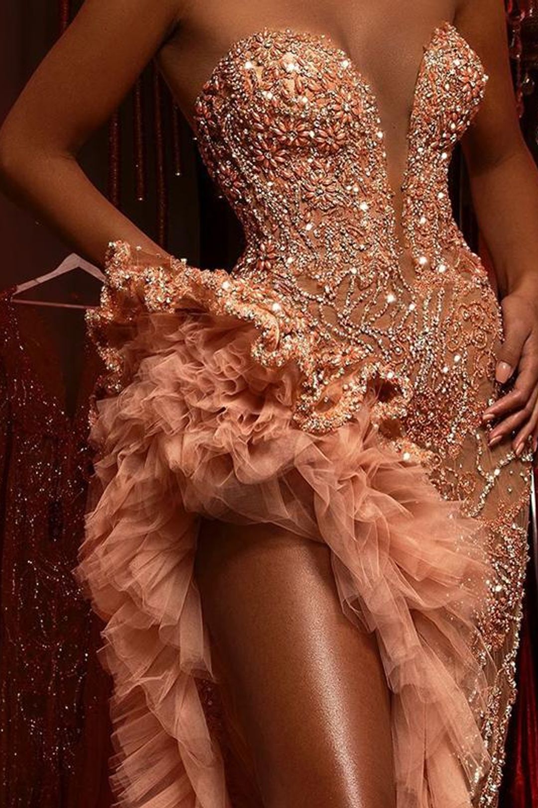 Mermaid Sweetheart Prom Dresses Coral Pink Sparkly Beaded Ruffles High Slit Arabic Formal Evening Gowns Vestidos De On Formales BC