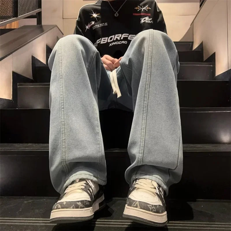 Autumn Drawstring Baggy Y2K Jeans For Men High Street Straight Wideleg Denim Trousers Vintage Washed Jean Hombre Pantalones w250210