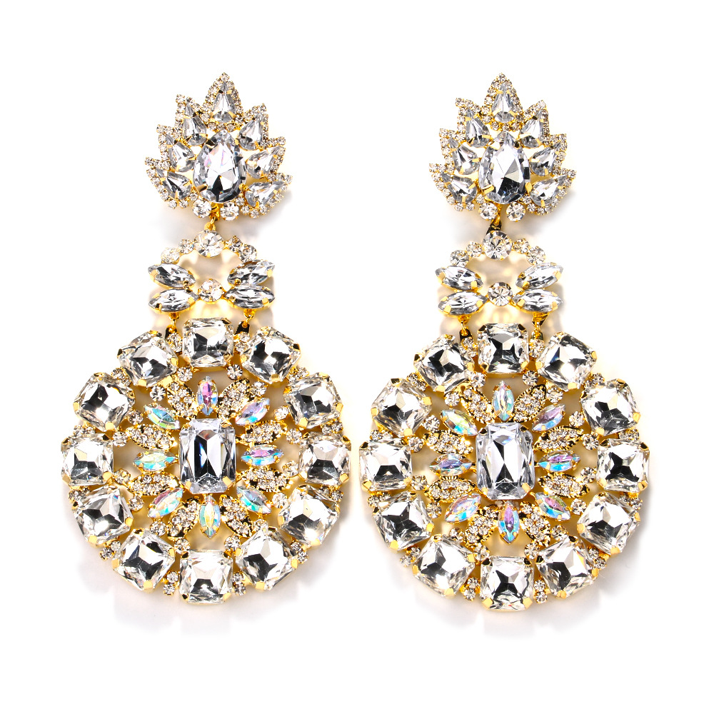 Exaggerated Earrings 2PCS/LOT Round Earrings with Exaggerated Rhinestones High-End Stage Accessories for Women