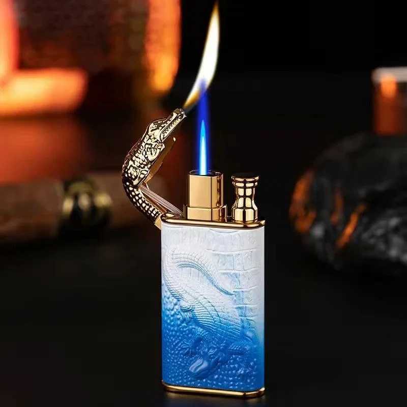 2024 3D Dragon Crocodile Double Fire Lighter Metal Windproof Spitfire Open Flame Conversion Gas Lighter Smoking Mens Gift Y250210