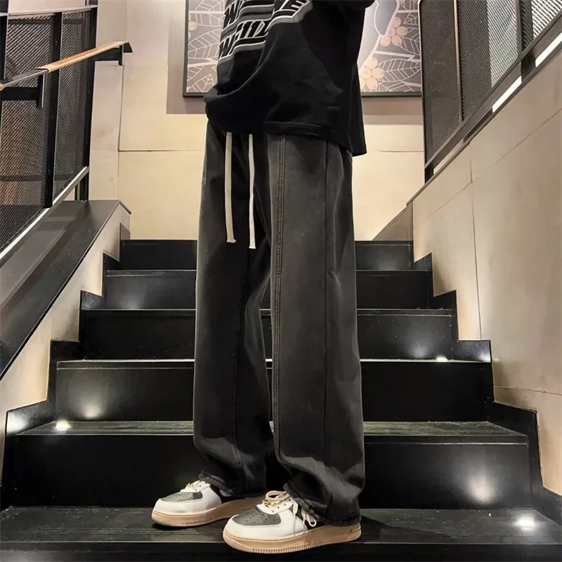 Autumn Drawstring Baggy Y2K Jeans For Men High Street Straight Wideleg Denim Trousers Vintage Washed Jean Hombre Pantalones w250210