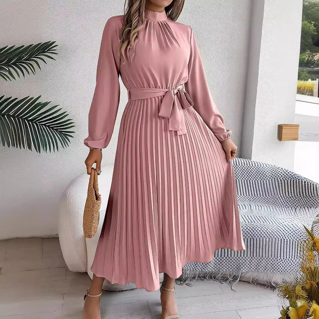 Elegant Womens Solid Color Pleated Lace Up Autumn And Winter Dresses Fashionable Standing Collar Long Sleeved Dress 250211