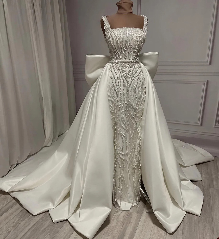Detachable Mermaid Wedding Dresses Spaghetti Straps Bridal Gowns with Overskirts Pearls Beaded Sequins Slim Custom Made Sleeveless Vestidos De Novia