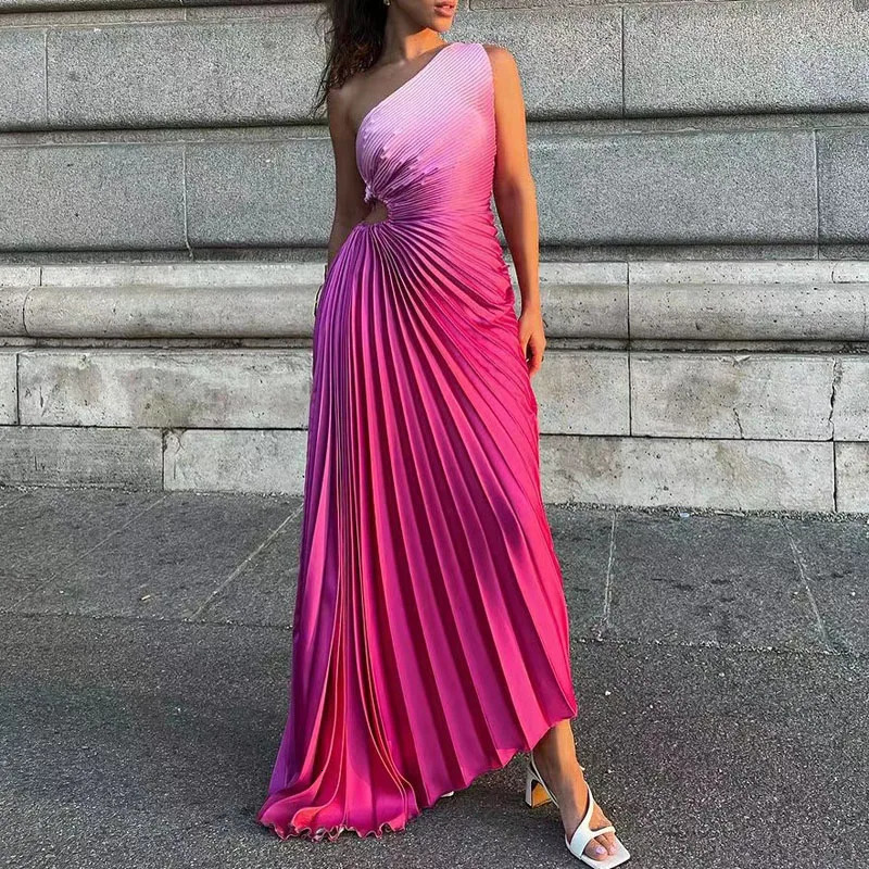 Elegant Women Ruffled Pleated Diagonal Collar Maxi Dress Evening Dress Spring Summer Backless Sleeveless Irregular Party Dresses 250210