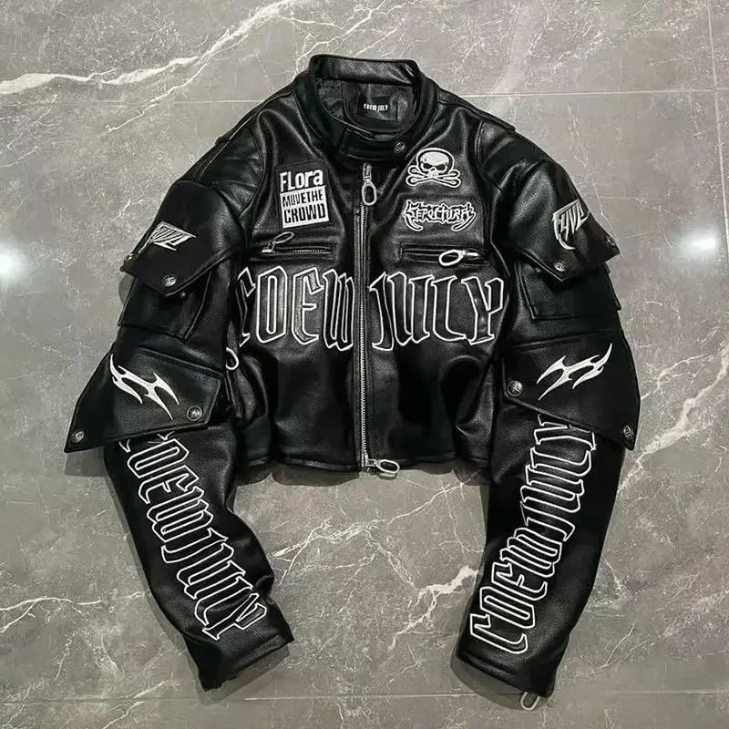 American Letter Embroidered Skull Motorcycle Style PU Leather Jacket Korean Version High Street Fashion Short Jacket Women 250208