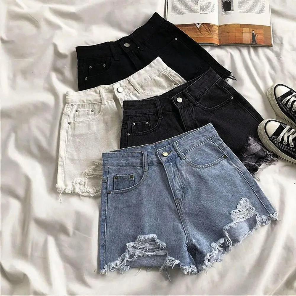 Summer Korean Womens Cow Shorts High Waist Casual Blue Denim Shorts Pocket Tassel Perforated Fashion Shorts Y2K Female Jeans 250212