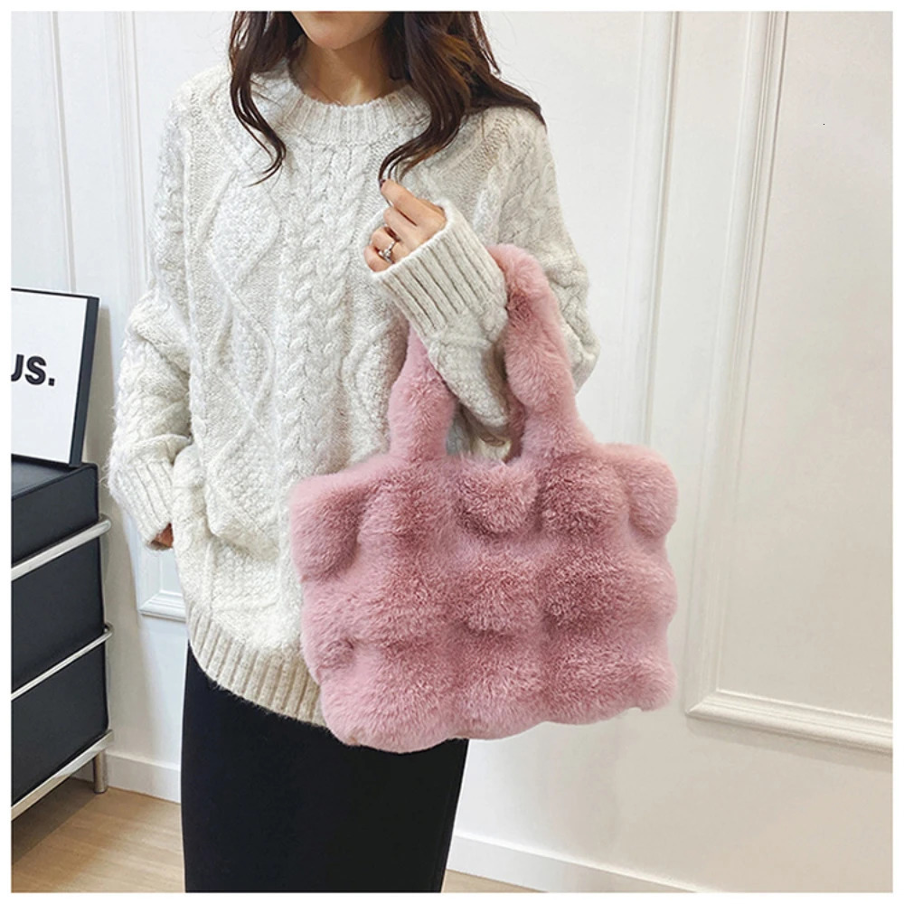 Women Fluffy Shoulder Bags Autumn Winter Top-Handle Handbag Plush Tote Bag Solid Color Versatile Handle Bag 250207