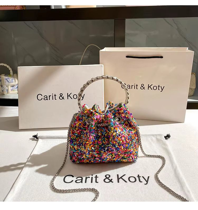 Designer Colorful Stones Evening Clutch Wedding Party Bucket Purse Metal Handle Women Handbag Shoulder Messenger Bag