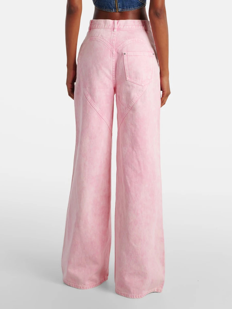 VGH High Street Spliced Diamonds Denim Trousers for Women High Waist Hollow Out Patchwork Pocket Wide Leg Pants Female Style 250212